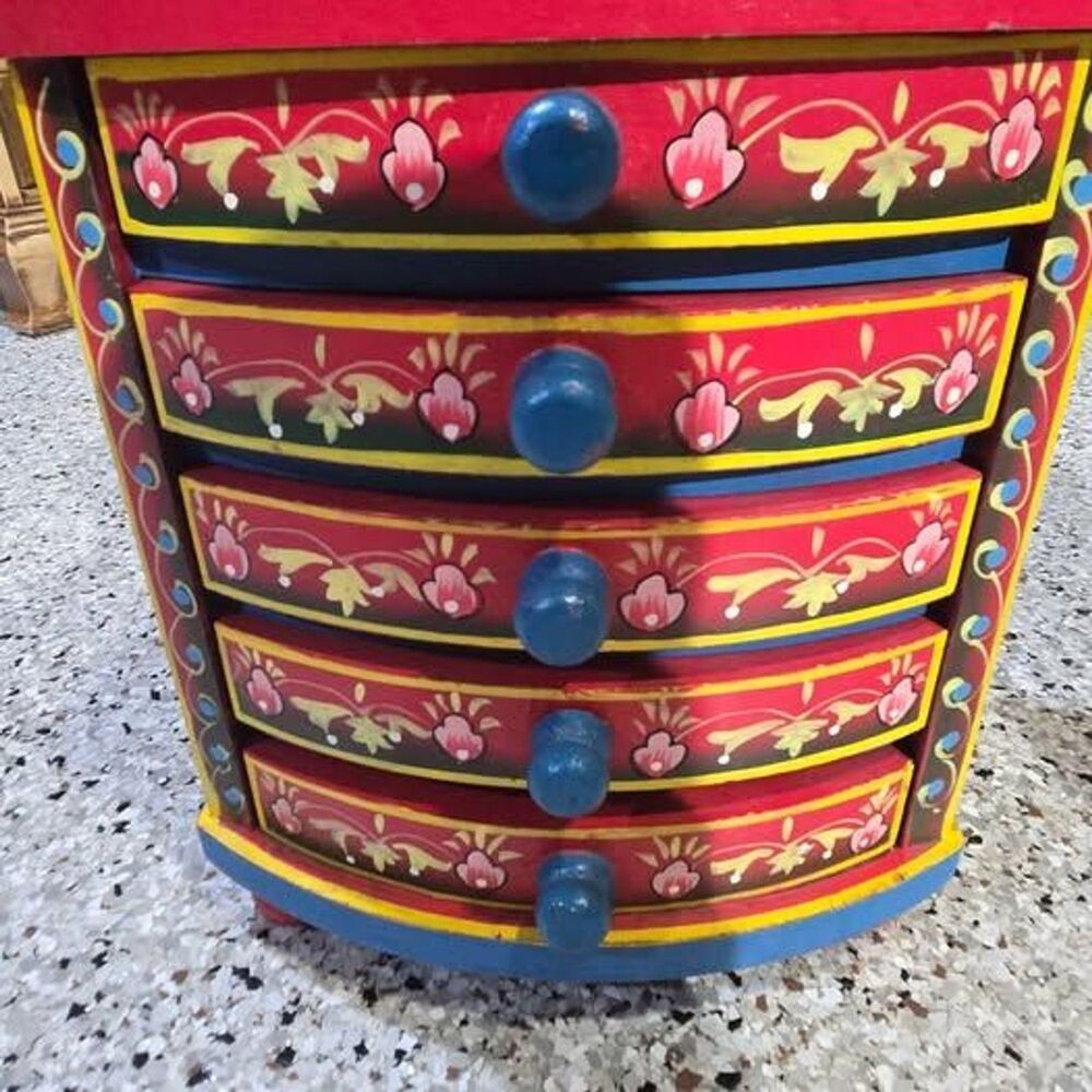 Vintage Indian Hand Painted Wooden Jewelry Chest 5 Drawer Rajasthani Folk Art 10 - Picture 2 of 10